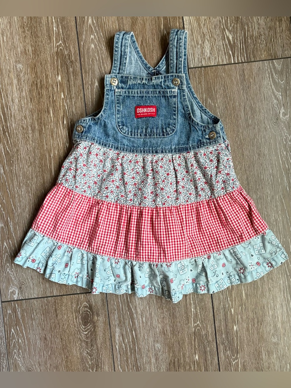 Vintage Y2K OshKosh Baby Denim Patchwork Jumper Dress Floral Gingham 18M